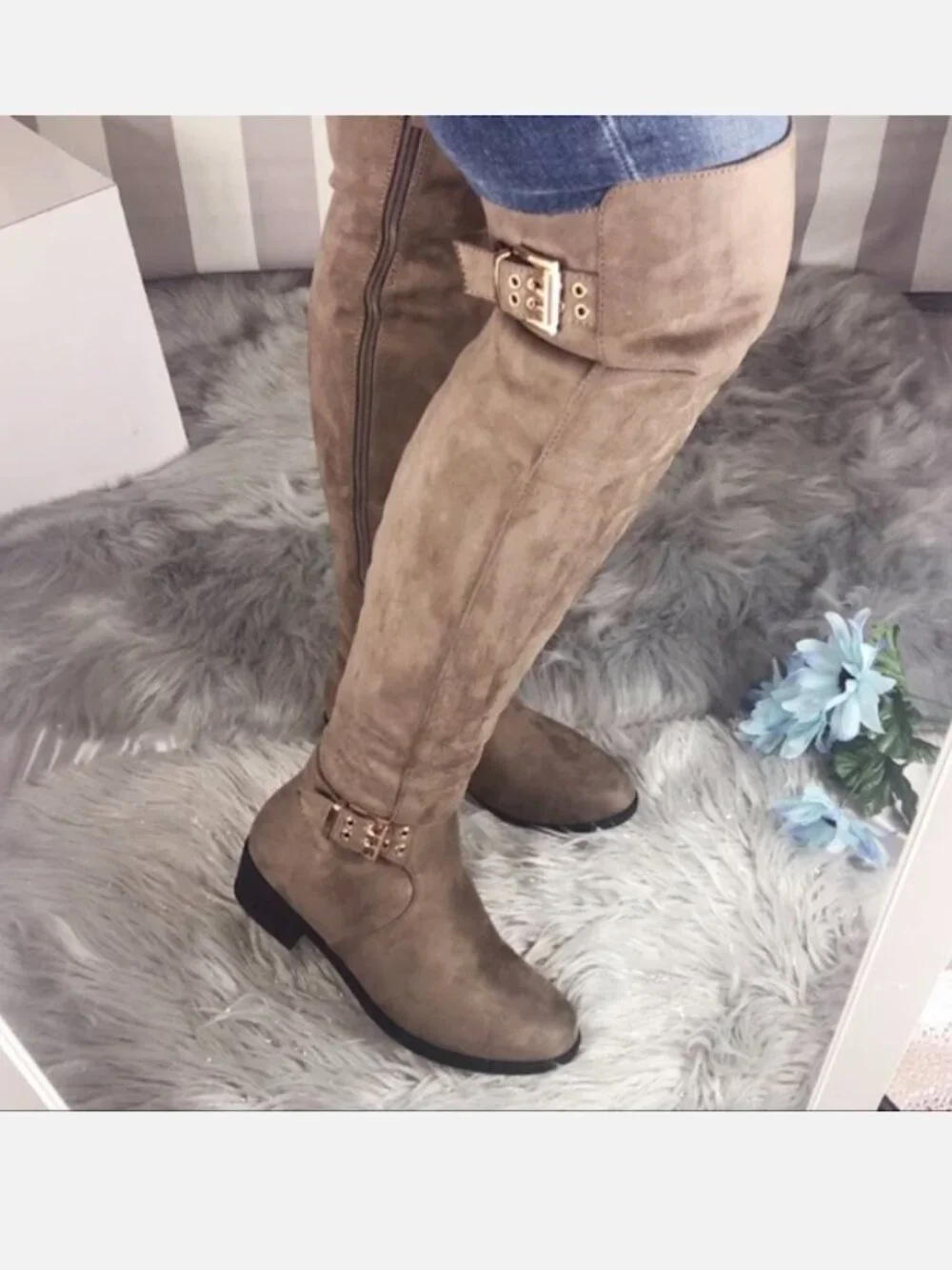 Top Moda Faux Leather Suede Over The Knee Boots Taupe Buckle Western Shoes 8